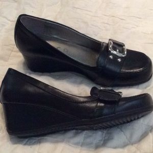 Black 1” heel loafers with buckles